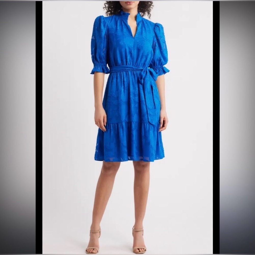 NWT Eliza J Floral Jacquard Belted Dress in Cobalt Size 0